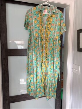 Victoria Dunn Mint Green Floral Midi Dress with Yellow and Coral Accents